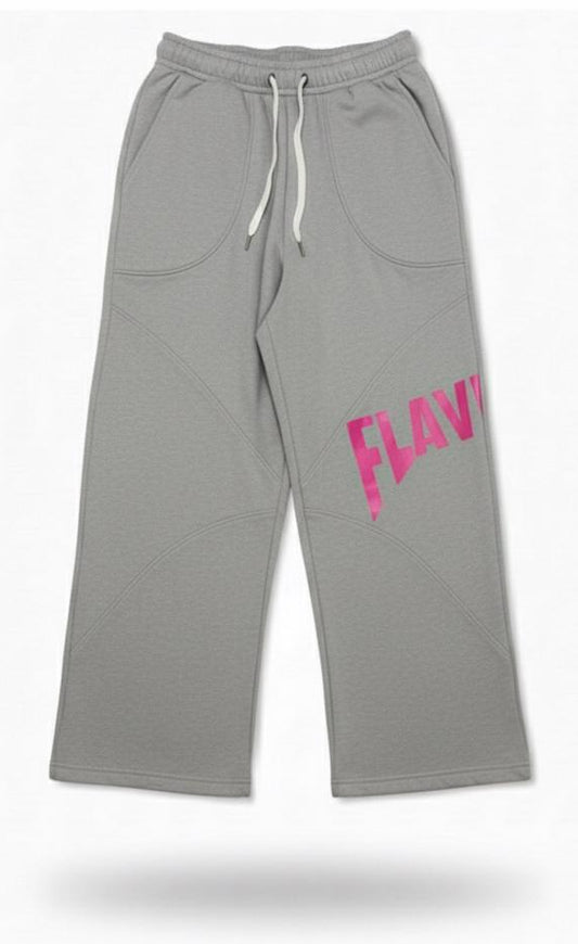 Gray sweatpants with pink text on a white background